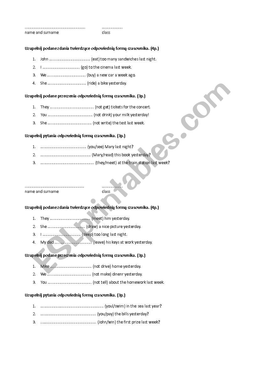 short test on irregular verbs worksheet