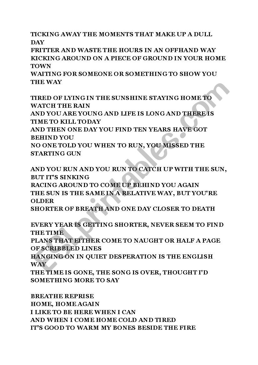 Pnk Floyd (time song) worksheet