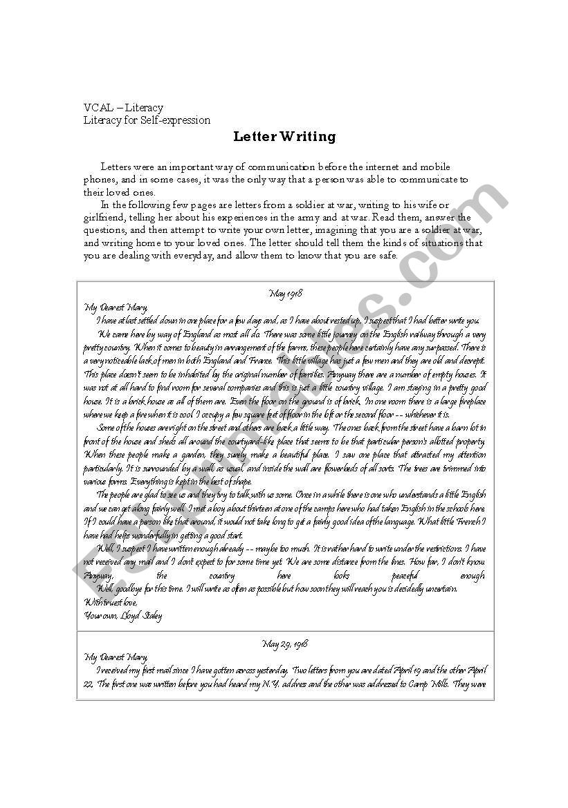 Letters from War time worksheet