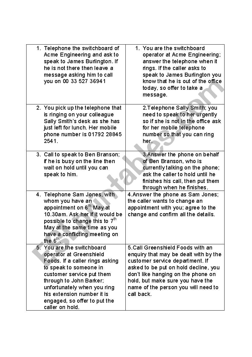 Telephoning ESL Role-Plays Activities Worksheets Games