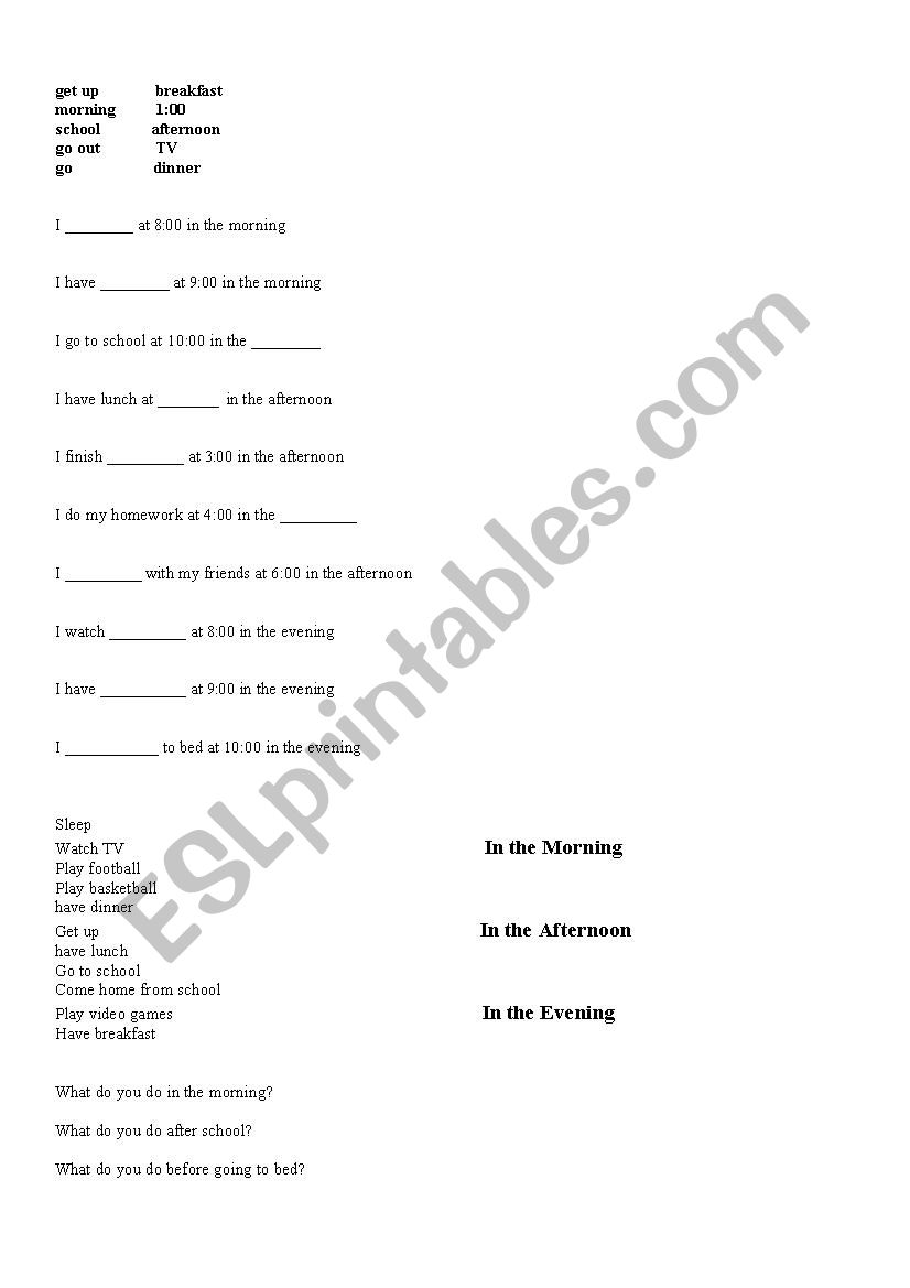 daily routines worksheet