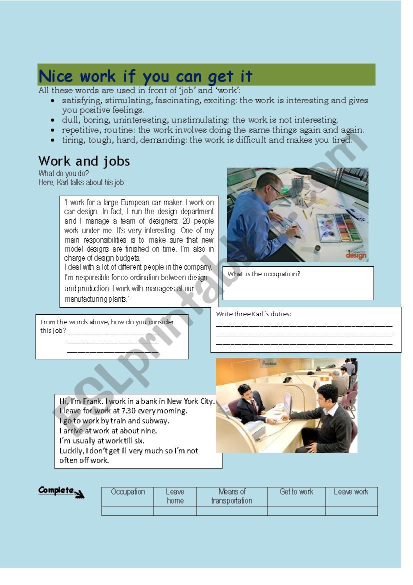 Jobs descriptions worksheet