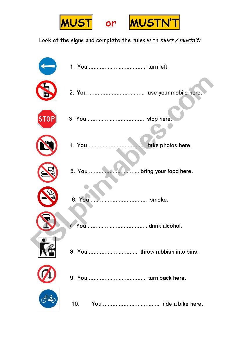 Signs Must/mustn't: English ESL Worksheets Pdf Doc, 54% OFF