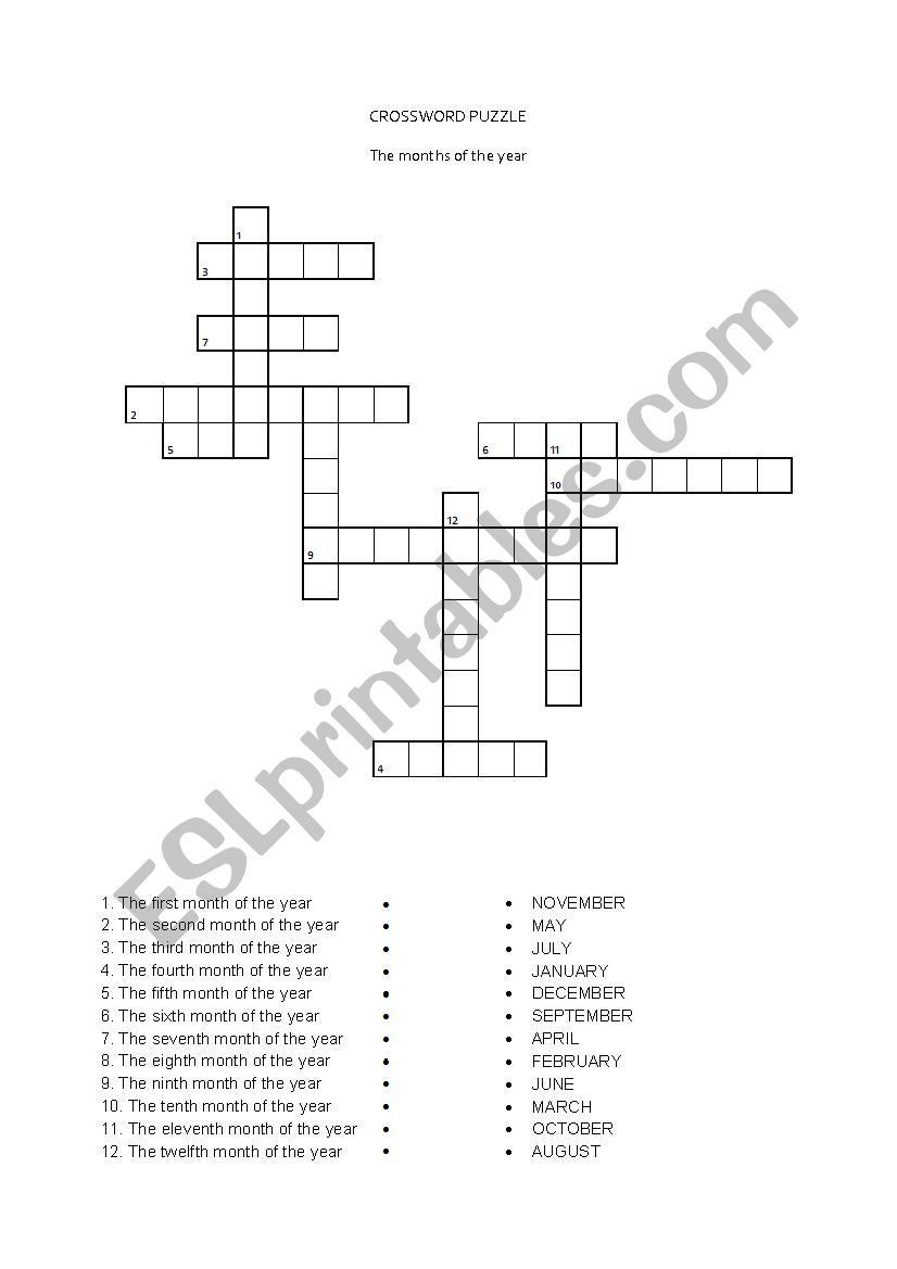 Crossword puzzle : the months of the year