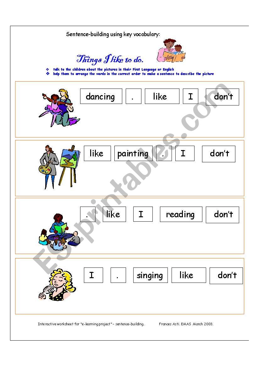 Hobbies- Sentence Building - ESL worksheet by lats