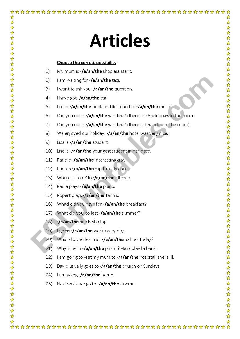 Articles worksheet