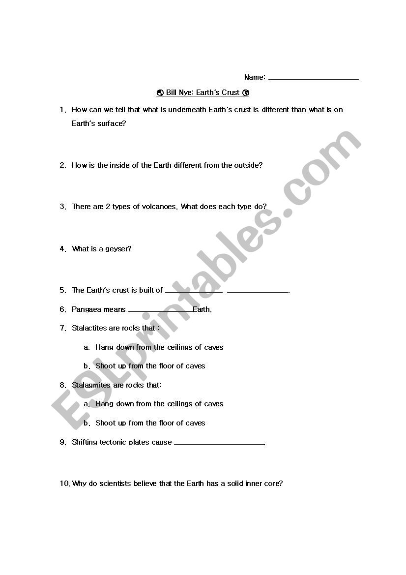 Bill Nye Earths Crust worksheet