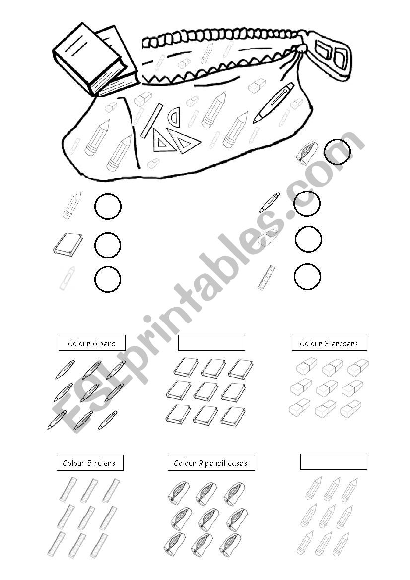 School materials for counting worksheet