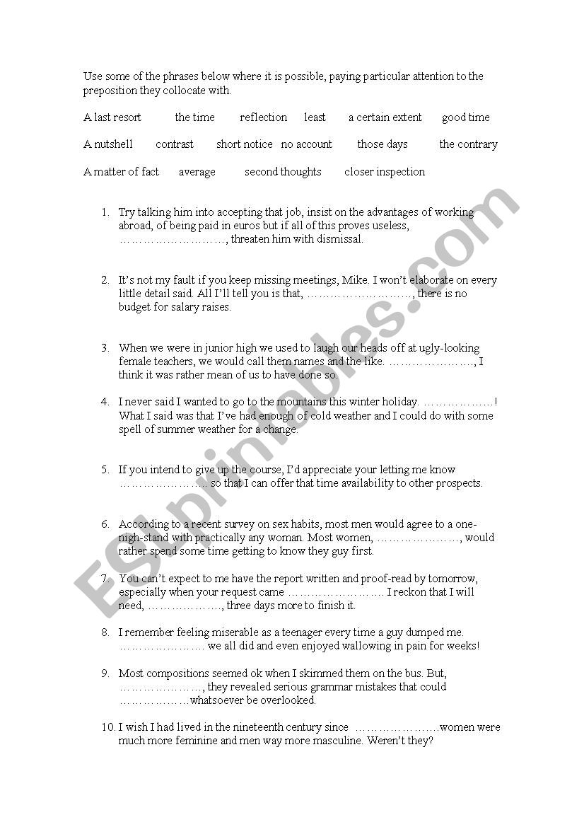 phrases with prepositons worksheet