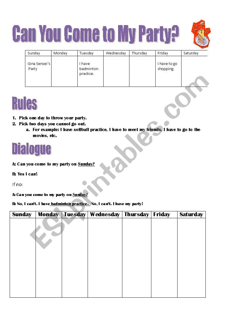 Can you come to my party? worksheet