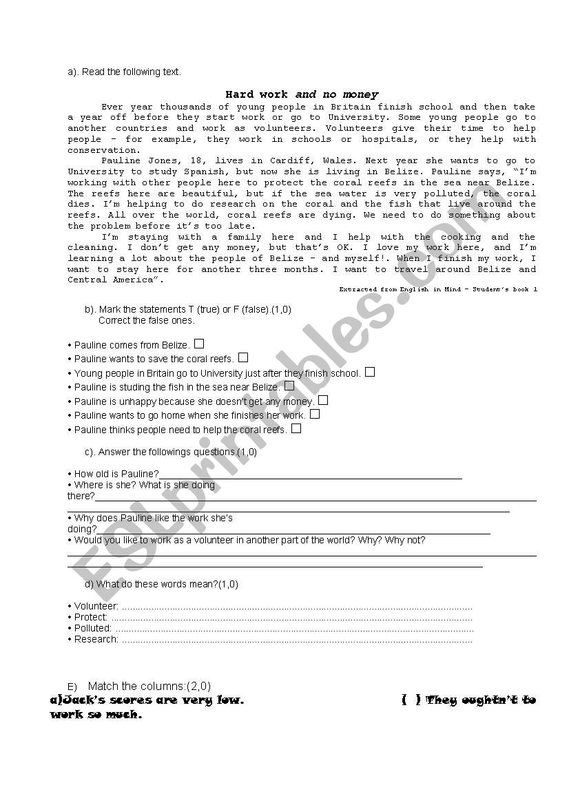 text about volunnteer work worksheet