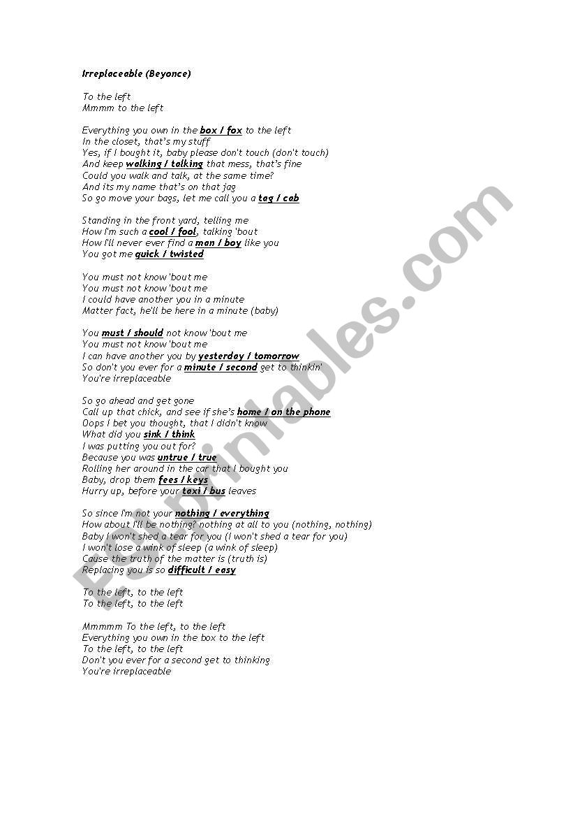 Beyonce - Irreplaceable worksheet