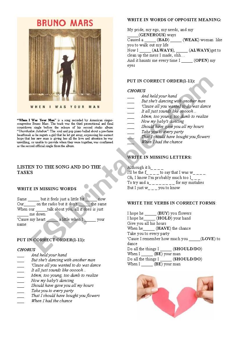 Bruno Mars ´when I Was Your Man´ Esl Worksheet By Pawag