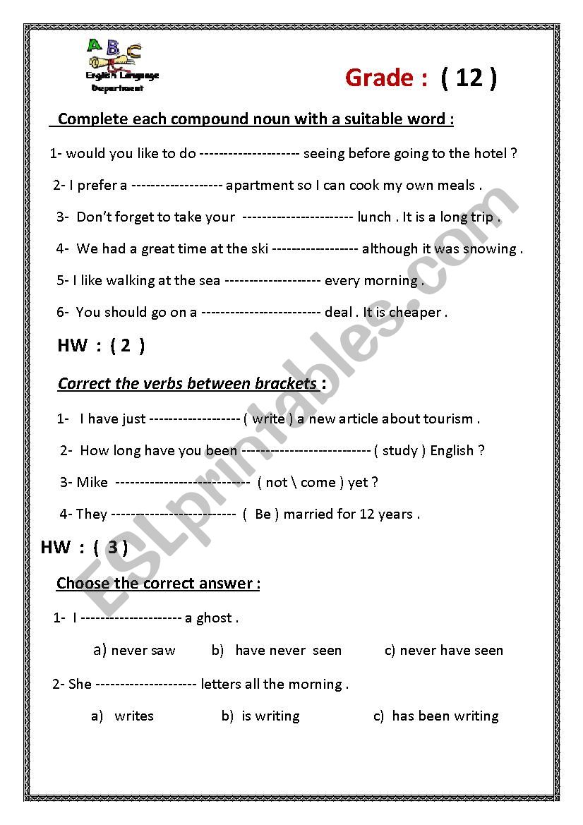 homework grade 12 part 1 esl worksheet by hanaa mohammed