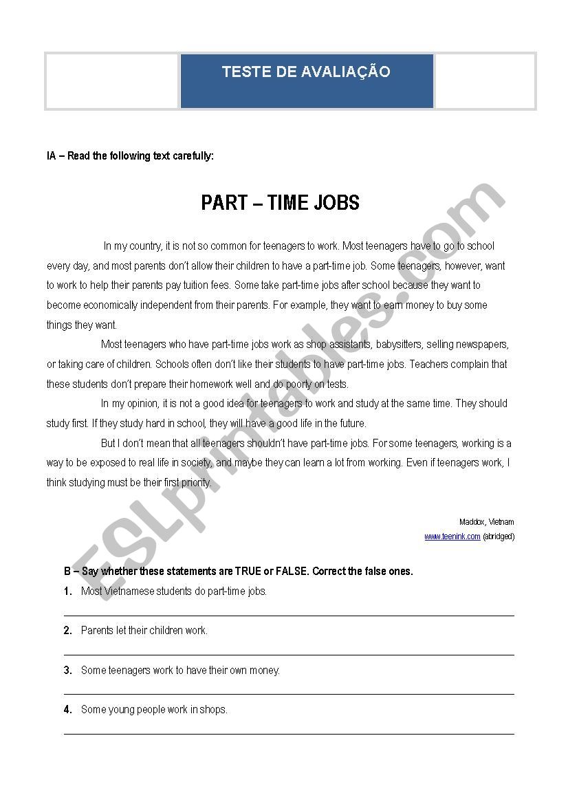 Part-time Jobs worksheet
