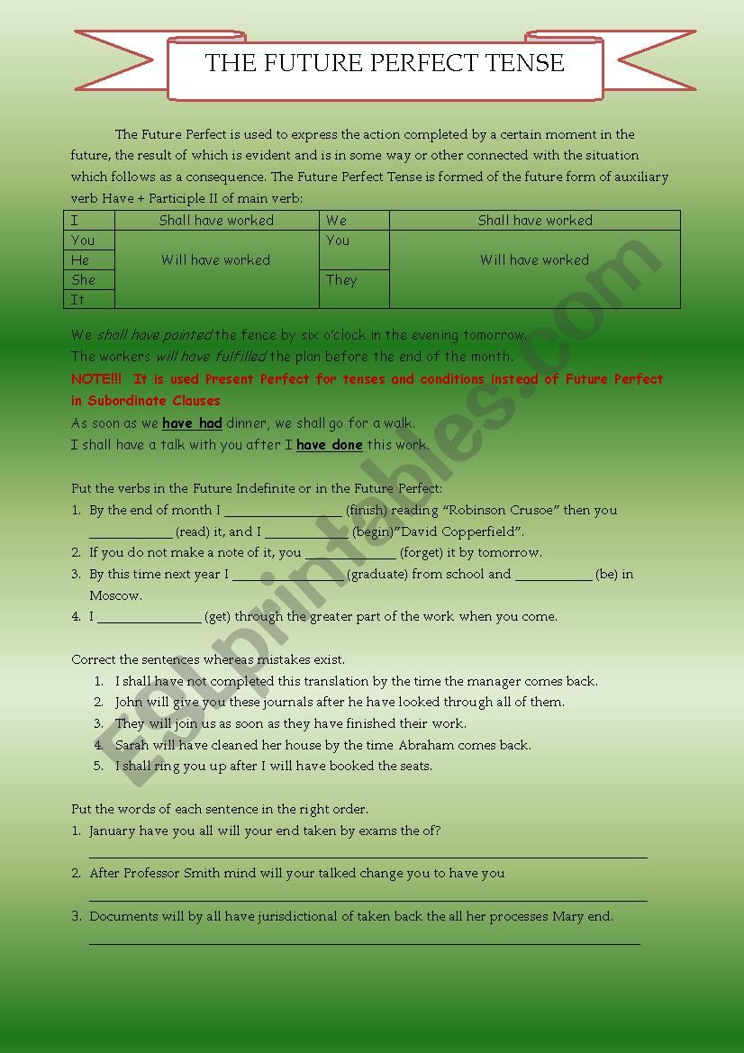 The Future Perfect Tense ESL Worksheet By Dildora