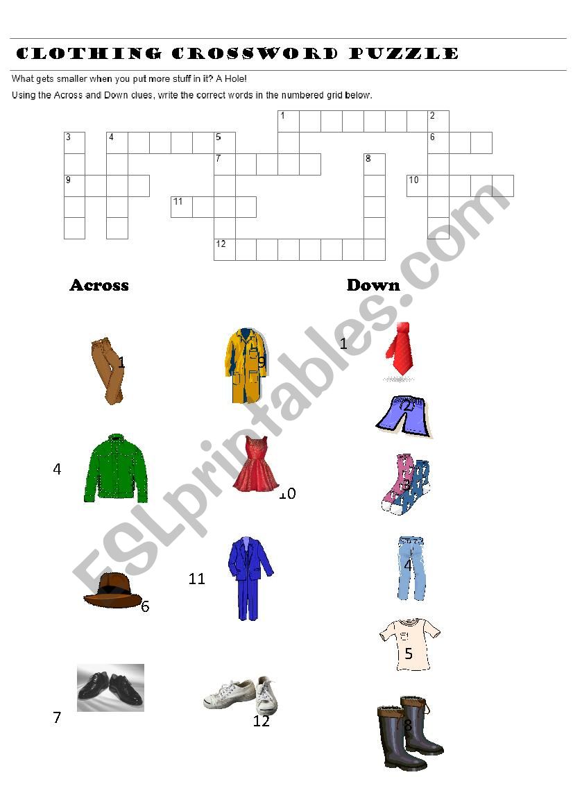 Clothing Crossword Puzzle worksheet