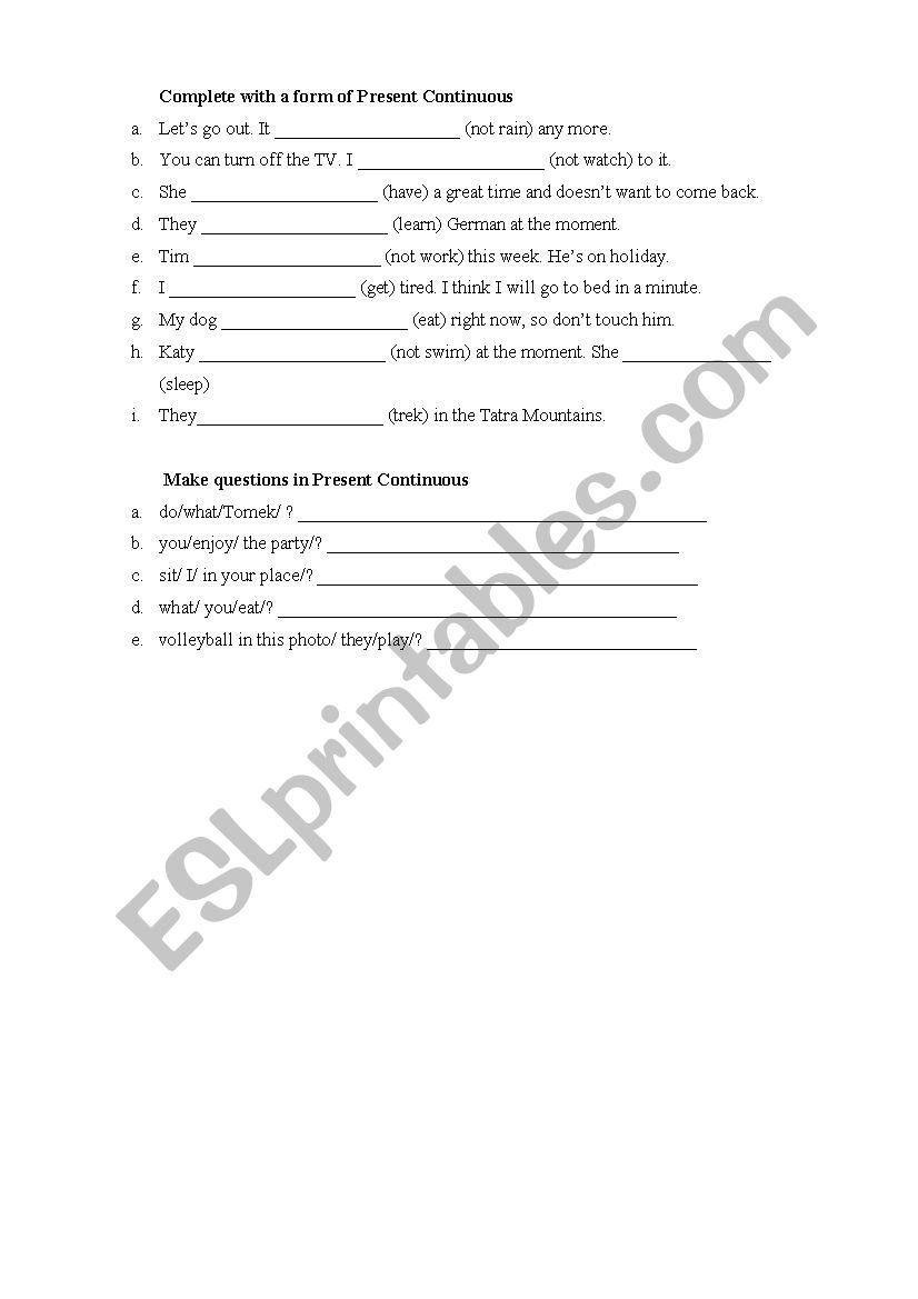 Present Continuous exercises worksheet