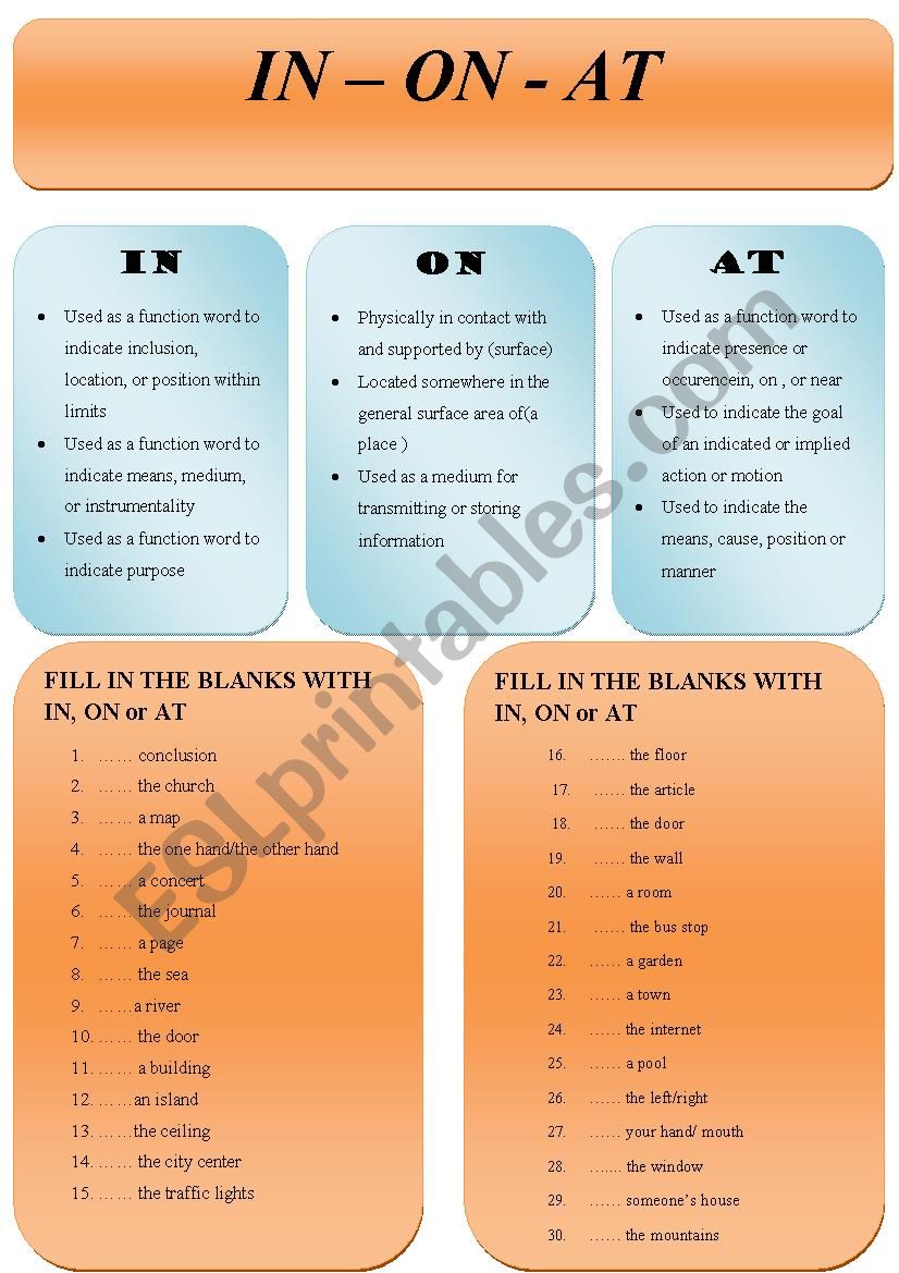 PREPOSITIONS IN ON AT EXERCISES ESL Worksheet By Dasmali34