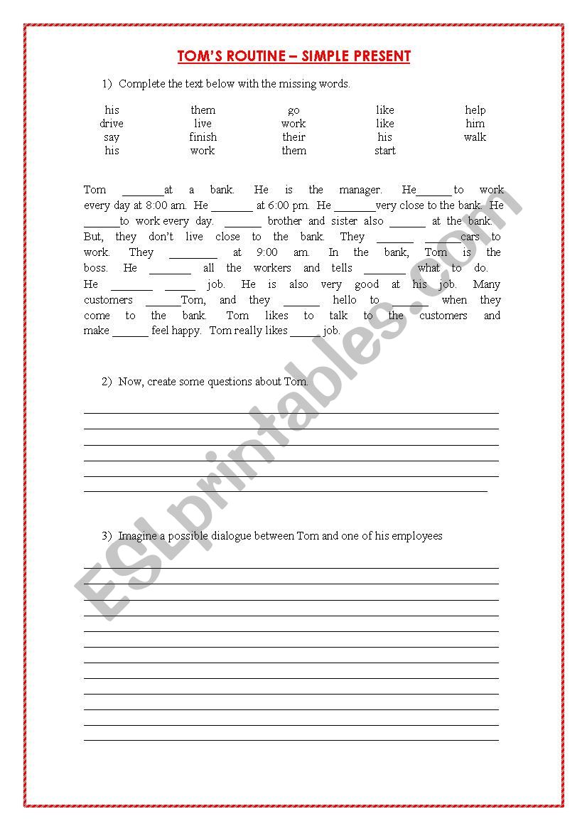 Simple Present (Tom´s Routine) - ESL worksheet by Raquel Pinha