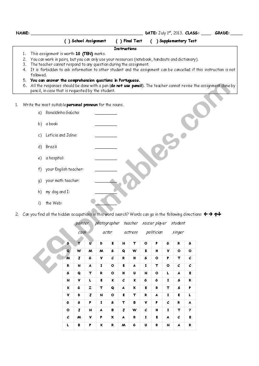 English Test on occupations, personal pronouns and to be verb.