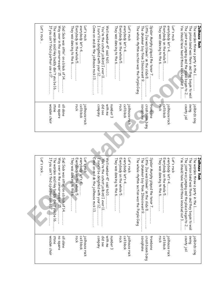 jailhouse rock worksheet