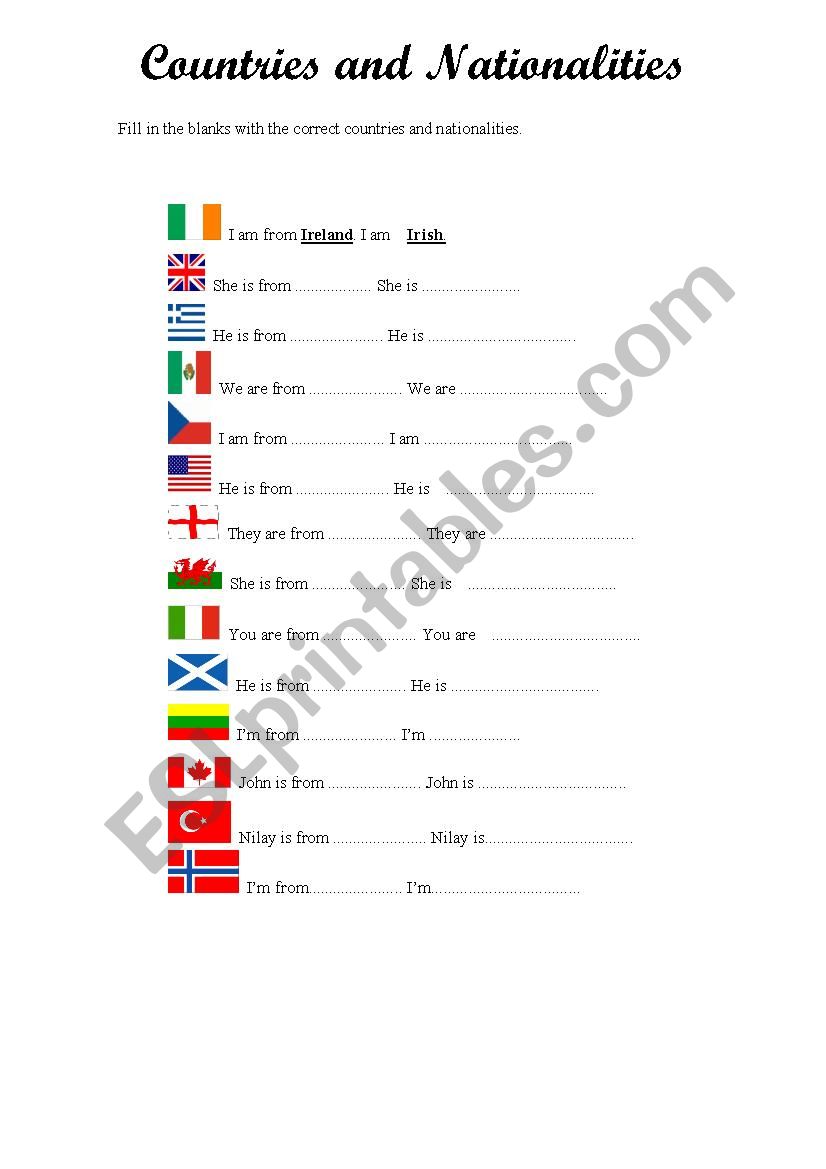 Countries and nationalities worksheet