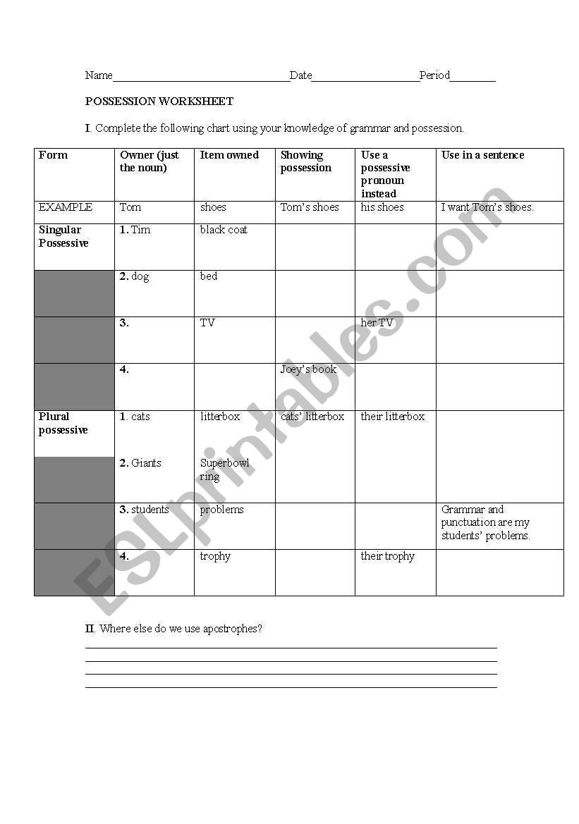 Possession Worksheet worksheet