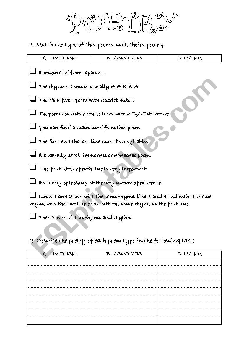 poetry - ESL worksheet by sisira In Elements Of Poetry Worksheet