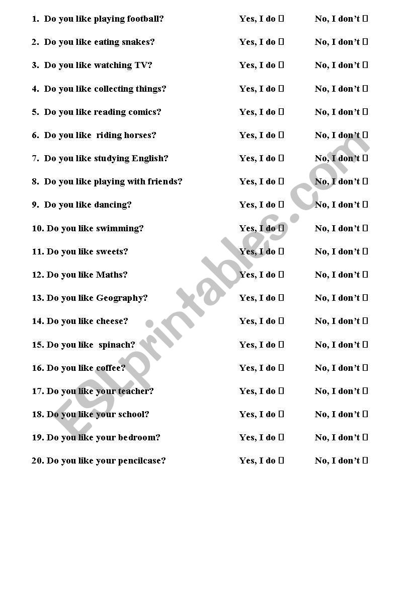 Do You Like Questions ESL Worksheet By Hulianez