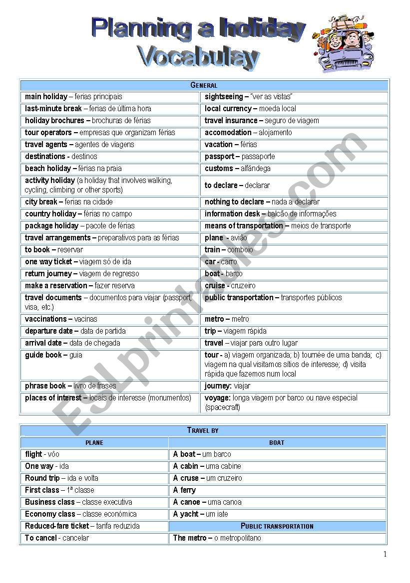 Planning a holiday worksheet