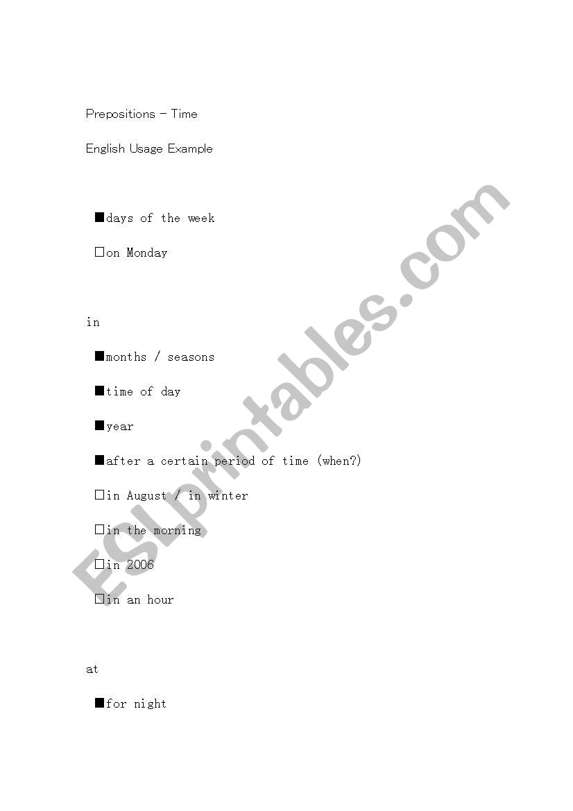 Preposition Examples worksheet