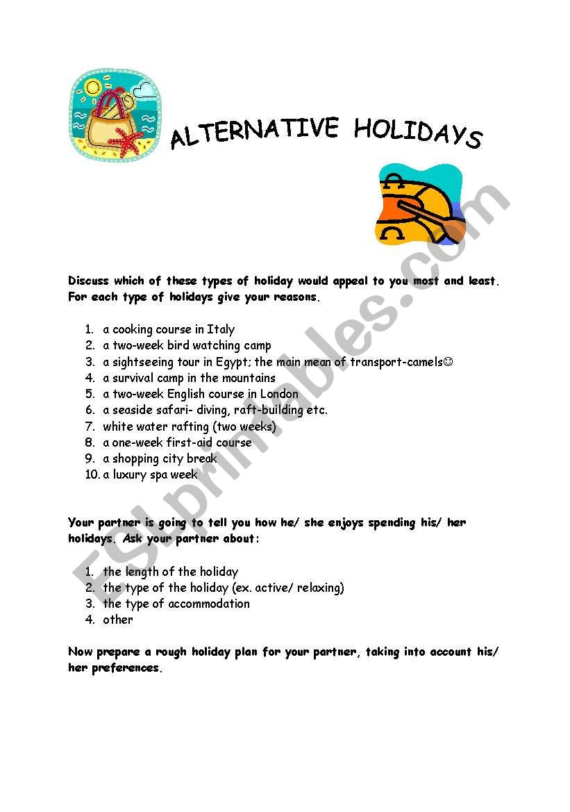 ALTERNATIVE HOLIDAYS worksheet