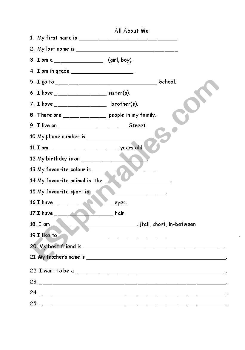 All About Me worksheet