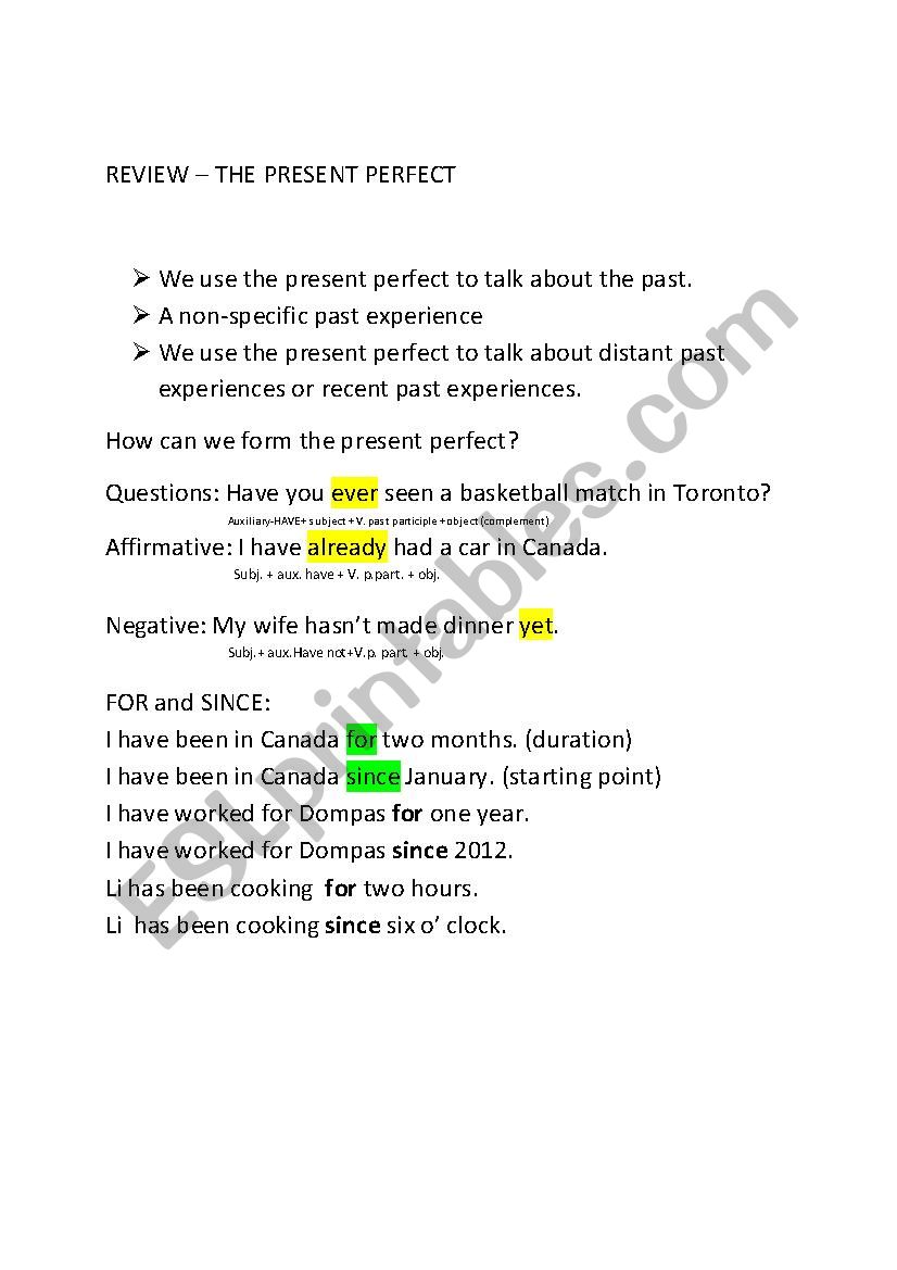 review-present-perfect-esl-worksheet-by-goccanada