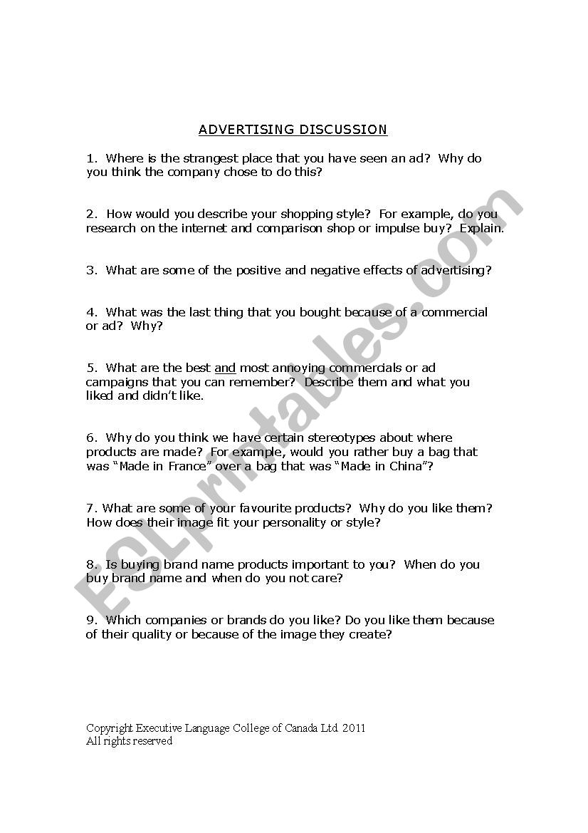 advertising discussion worksheet