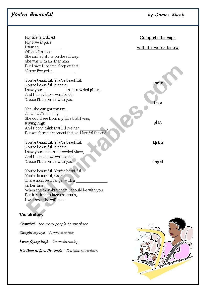 You´re beautiful by James Blunt - ESL worksheet by Ksunius