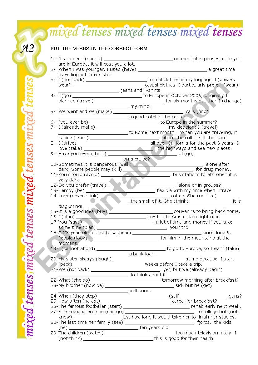 Mixed Tenses A2 Esl Worksheet By Cris M CE0