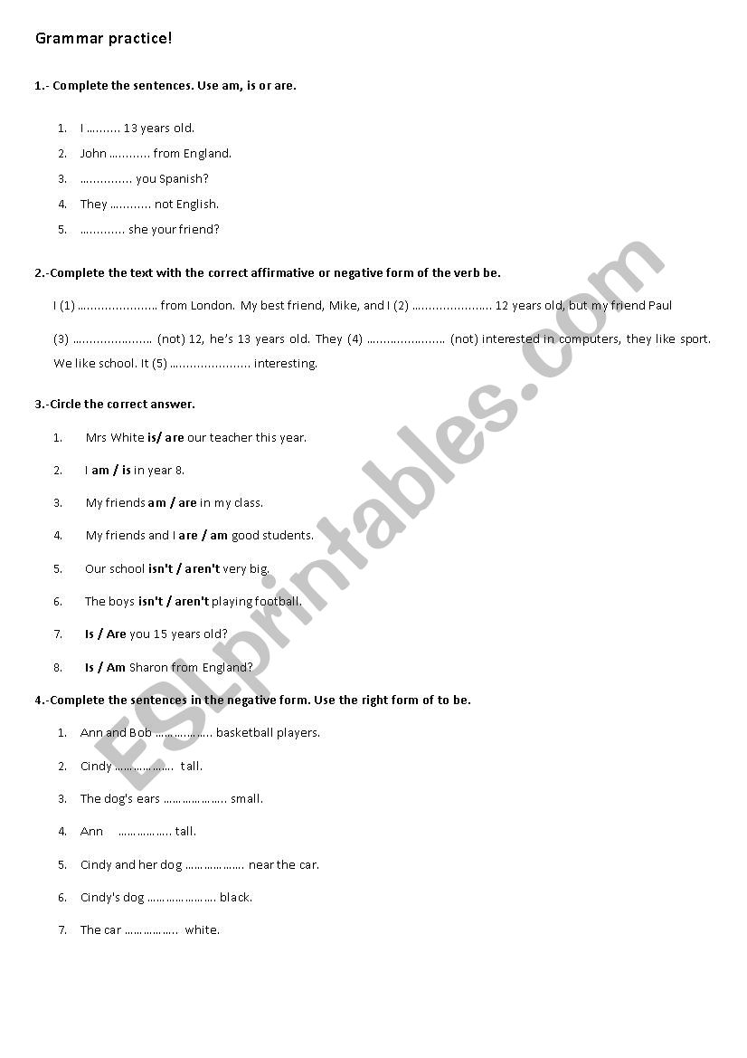 Grammar Practice- Am/Is/Are worksheet