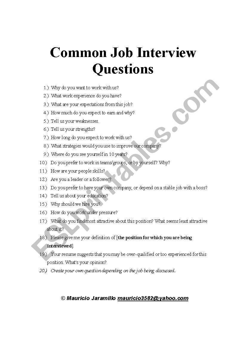 Common Job Interview Questions - ESL worksheet by mauricio3582