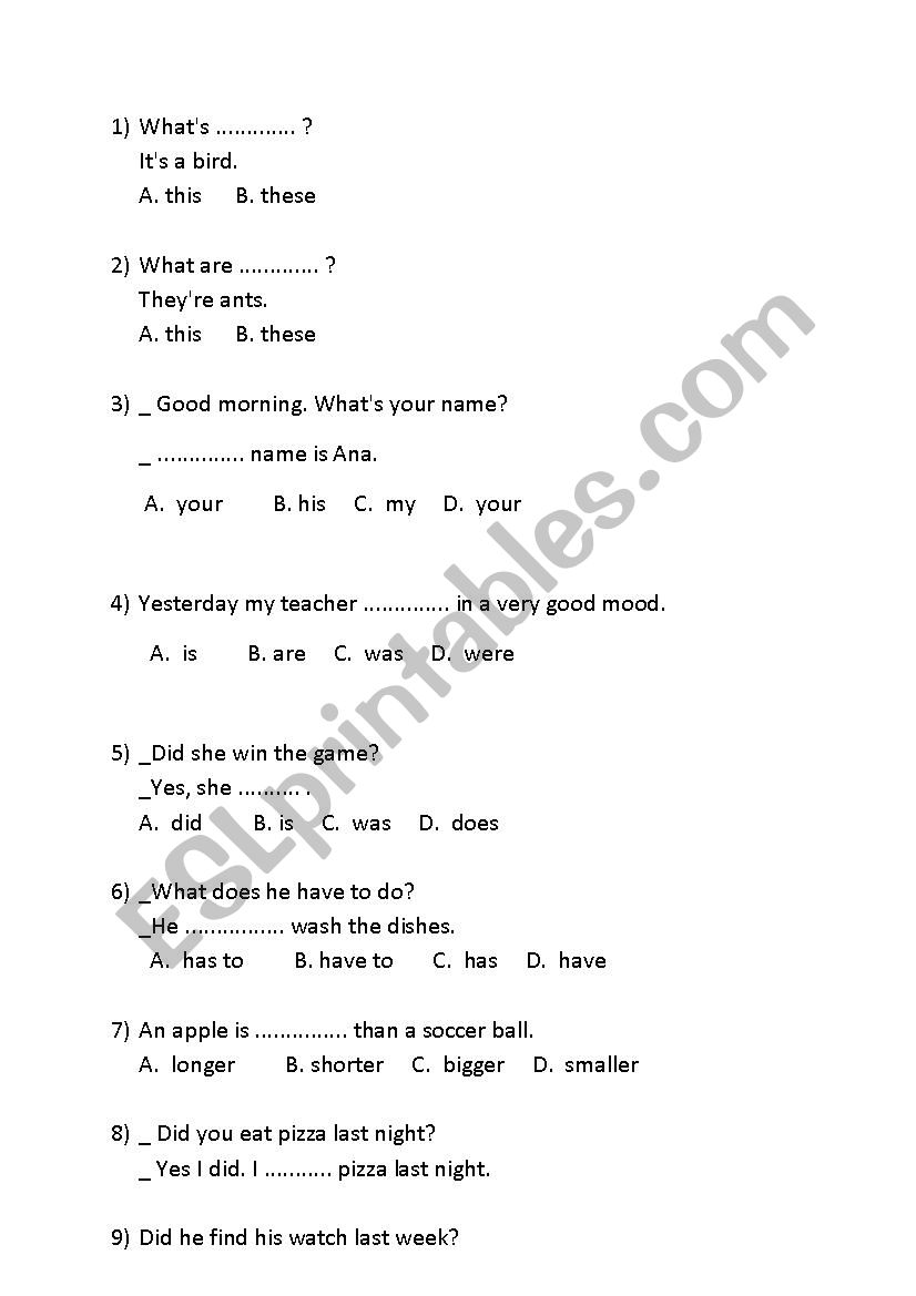 Placement for kids worksheet