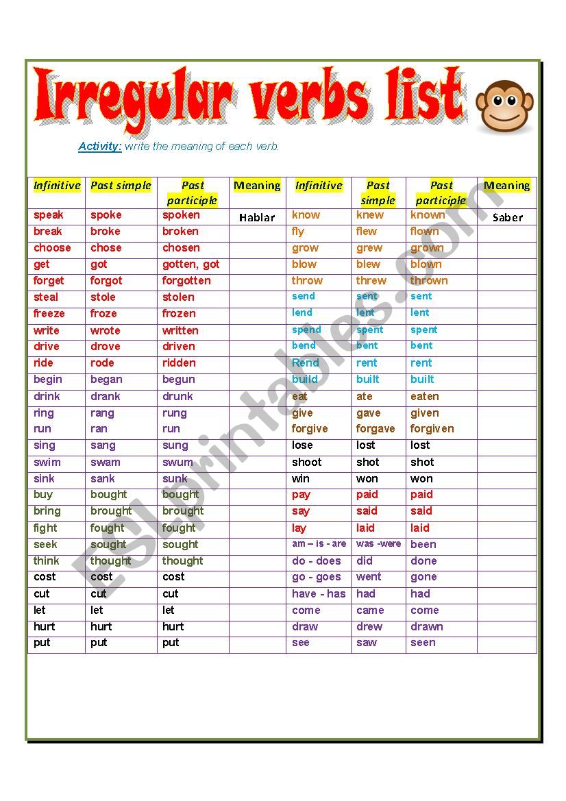 Irregular Verbs List ESL Worksheet By Sumerce