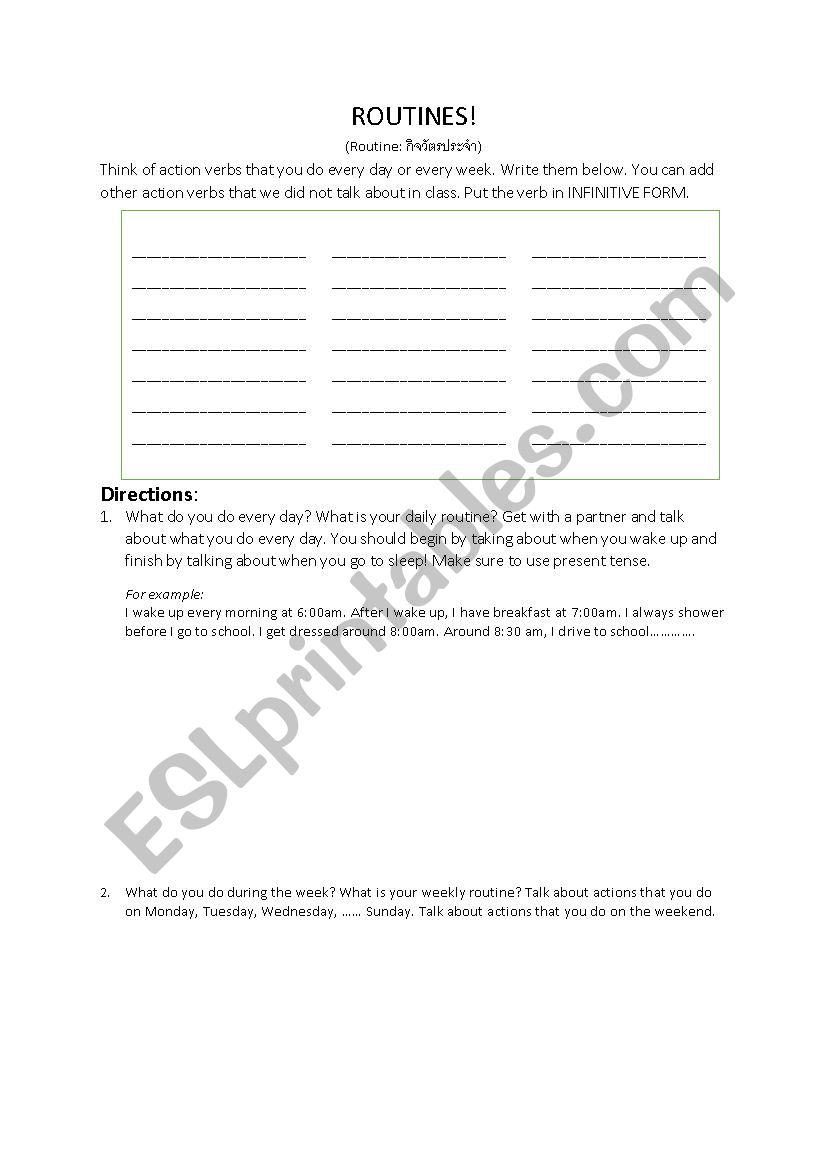 Routines and Actions Verbs worksheet