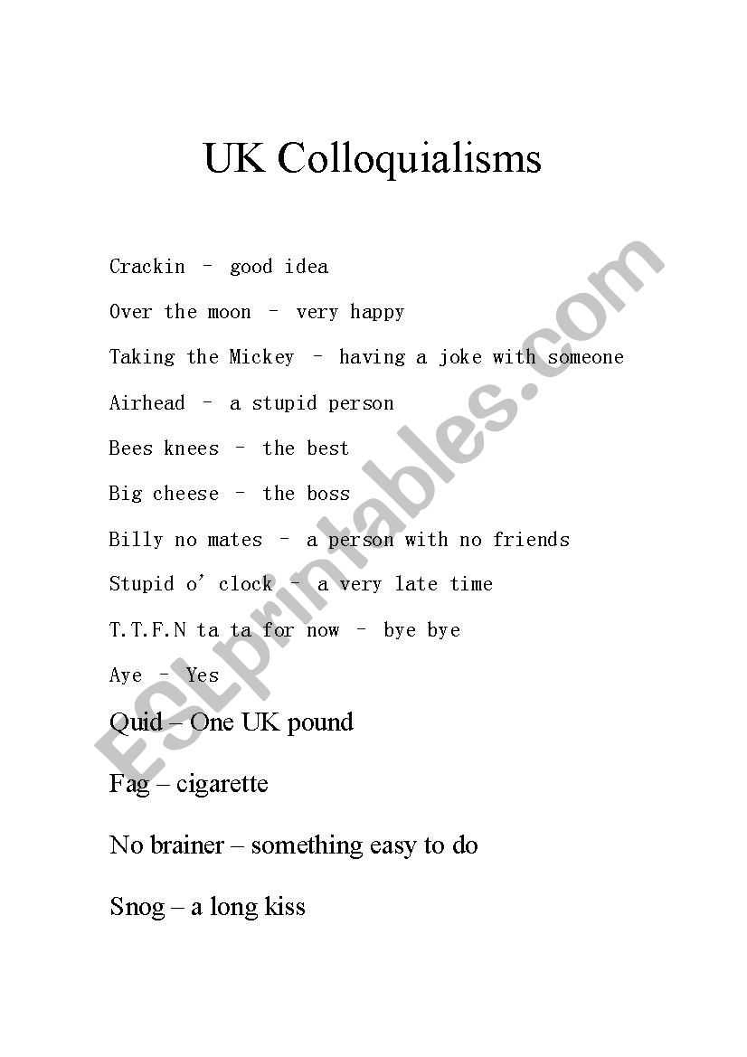 UK Colloquialisms worksheet