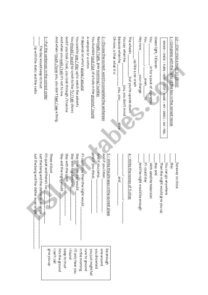 Song Worksheet - U2 - Stay (faraway, so close) 