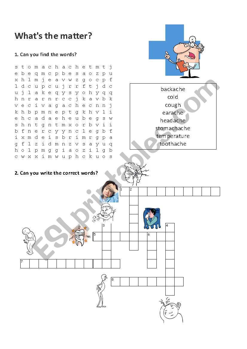 What´s the matter? wordsearch and crossword - ESL worksheet by aliceteacake