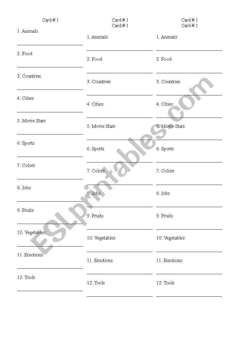 Scattergories 1 worksheet