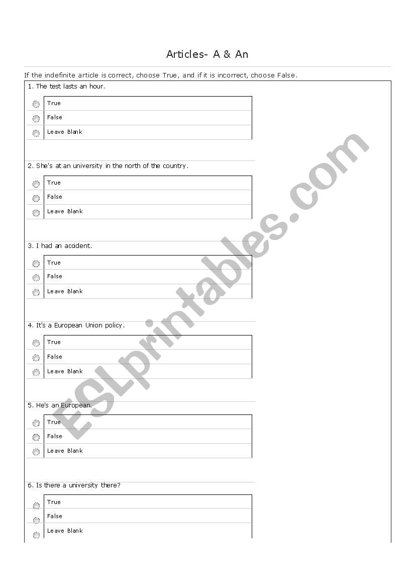 Articles  worksheet