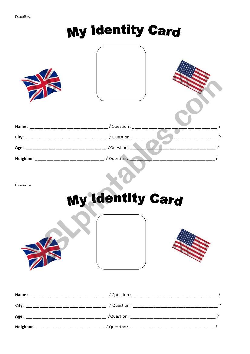 Identity Card worksheet