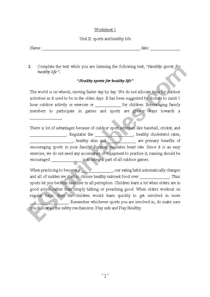 sports and healthy life  worksheet